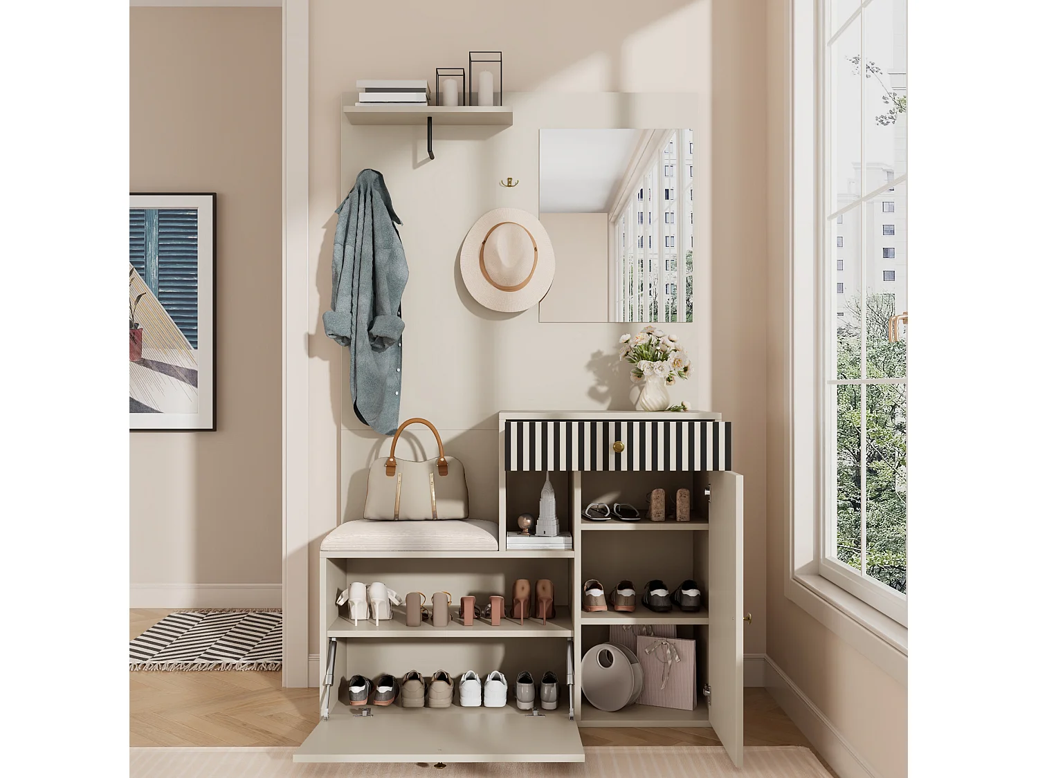 Set ingresso 110x37x185,5 cm - con specchio e ganci - Mobile per scarpe e panca calzatura - Beige