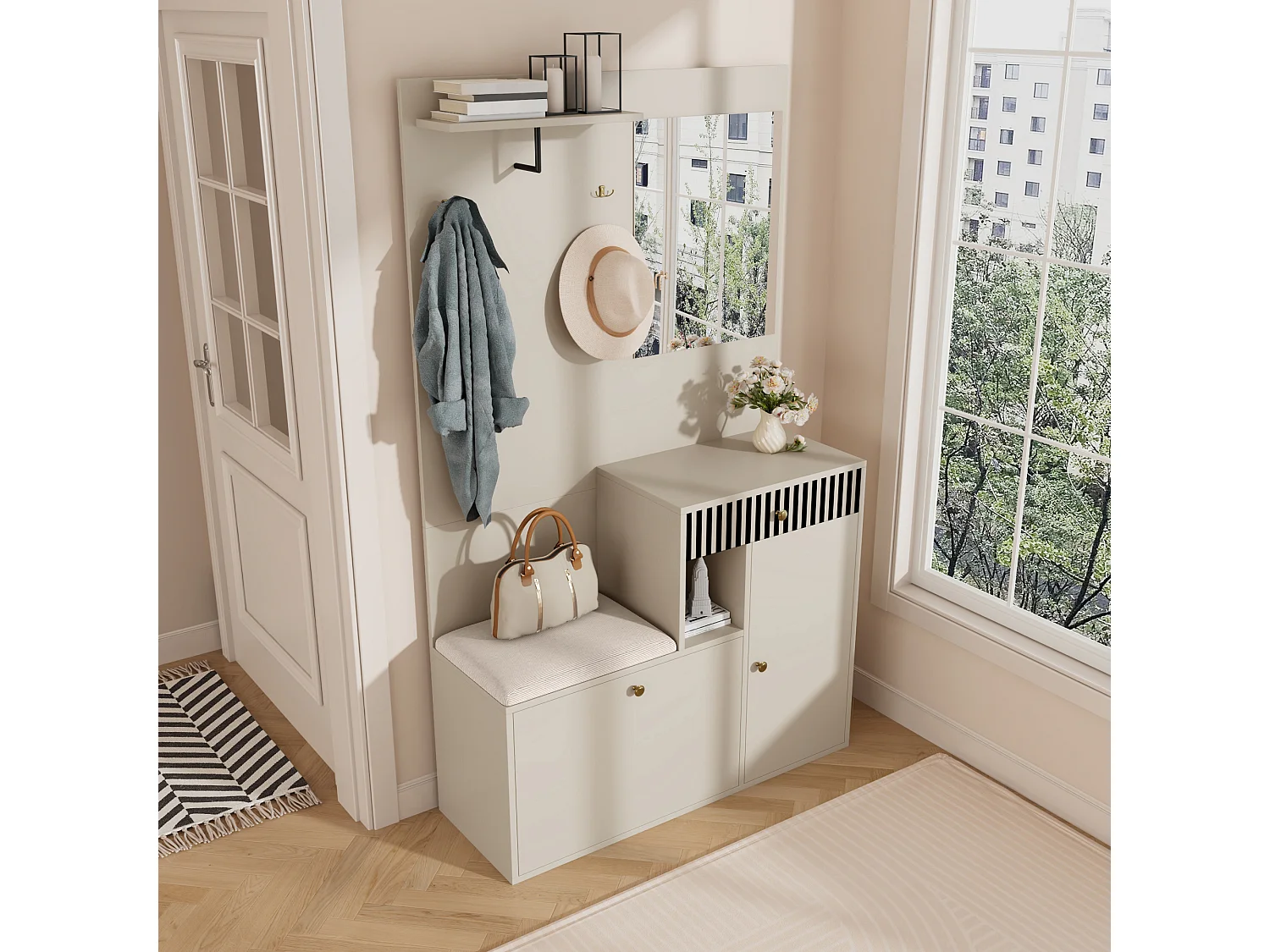 Set ingresso 110x37x185,5 cm - con specchio e ganci - Mobile per scarpe e panca calzatura - Beige