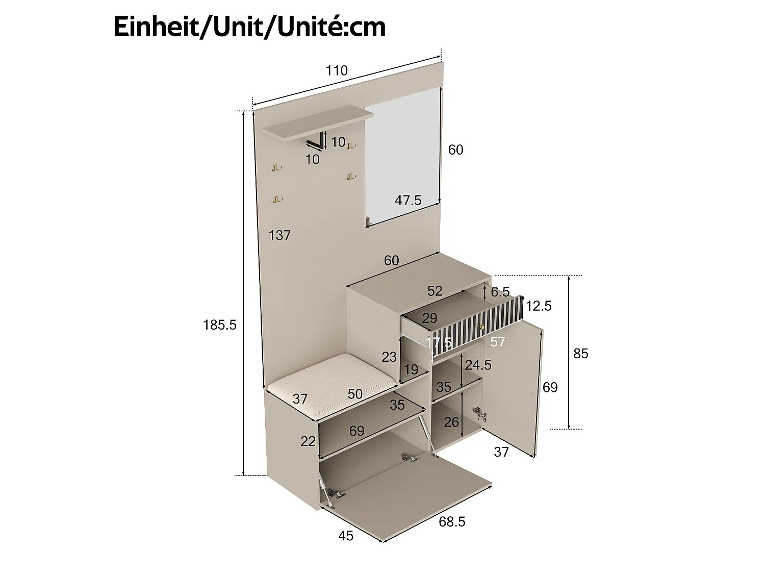 Set ingresso 110x37x185,5 cm - con specchio e ganci - Mobile per scarpe e panca calzatura - Beige