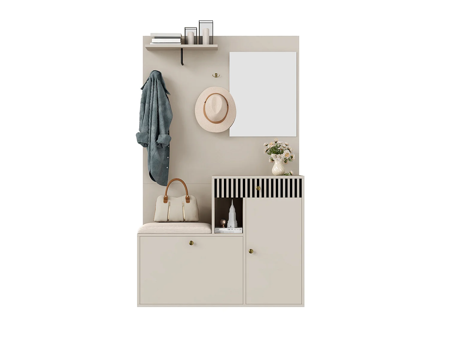 Set ingresso 110x37x185,5 cm - con specchio e ganci - Mobile per scarpe e panca calzatura - Beige