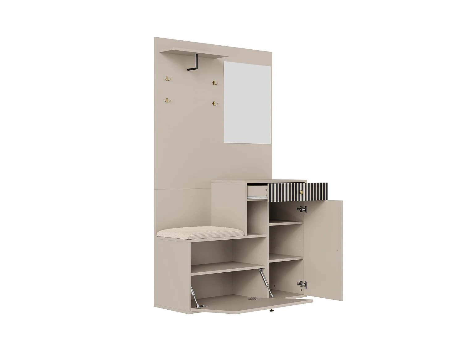 Set ingresso 110x37x185,5 cm - con specchio e ganci - Mobile per scarpe e panca calzatura - Beige