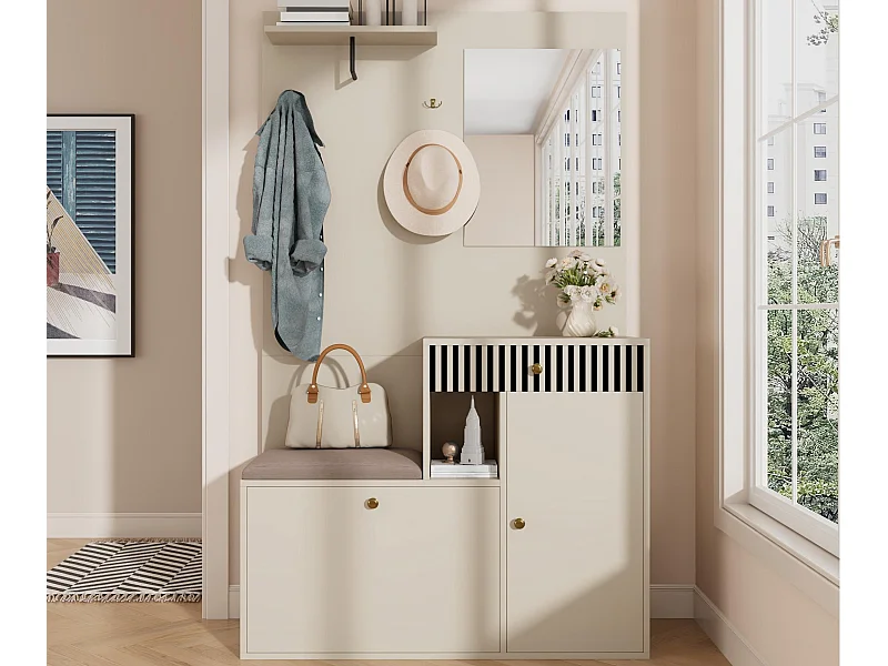 Ensemble vestiaire d'entrée 110x37x185,5 cm - avec miroir et crochets - Meuble à chaussures et banc à chaussures - Beige