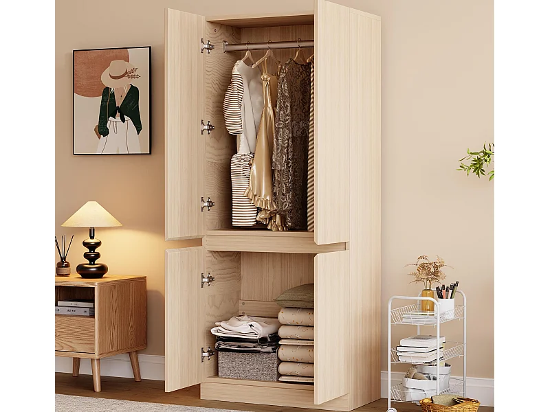 Szafa ubraniowa 70x40x170 cm - 4 drzwi - z wieszakiem na ubrania - Naturalny