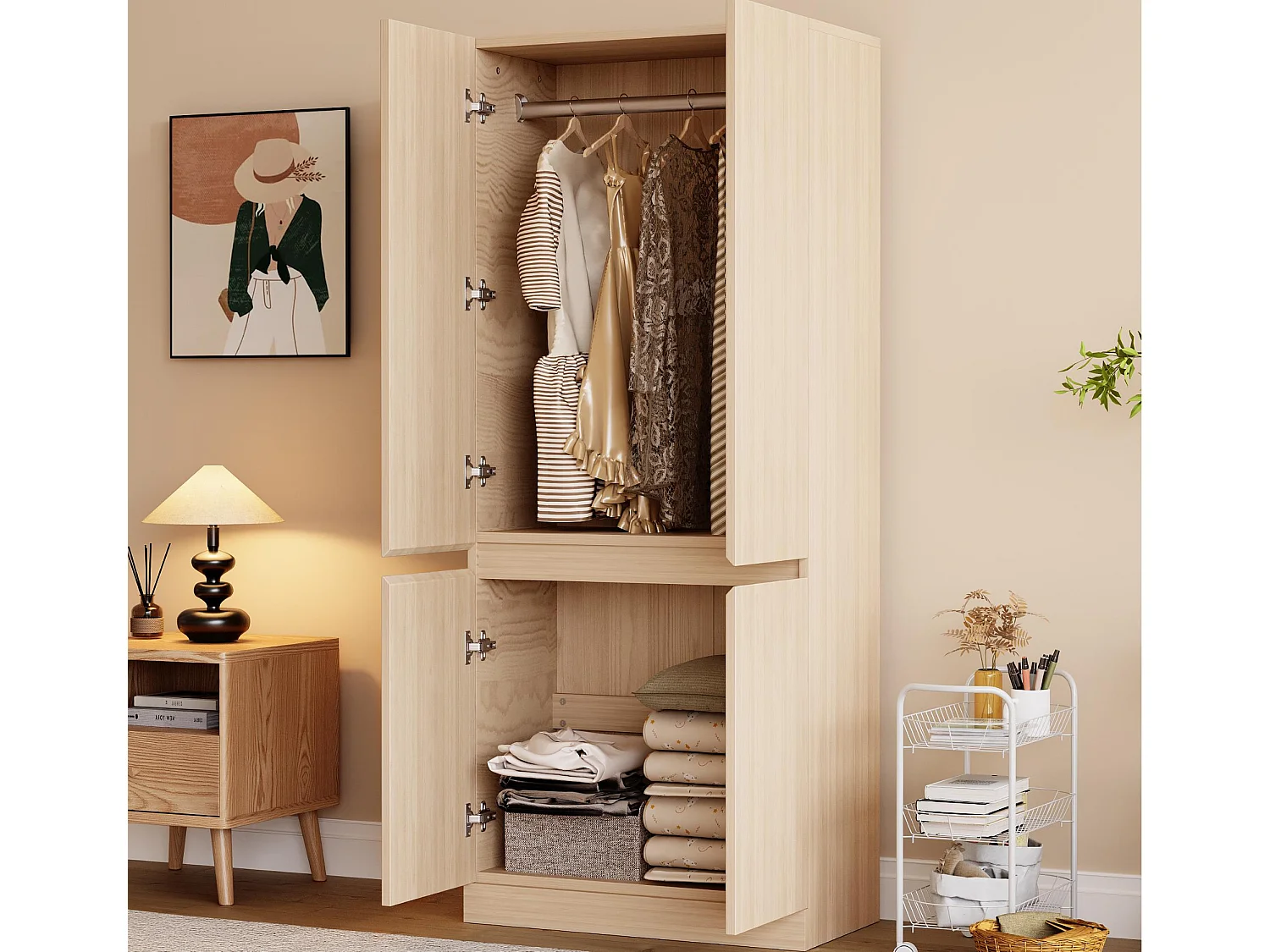 Armoire 70x40x170 cm - 4 portes - avec tige de séchage de vêtements - Naturel