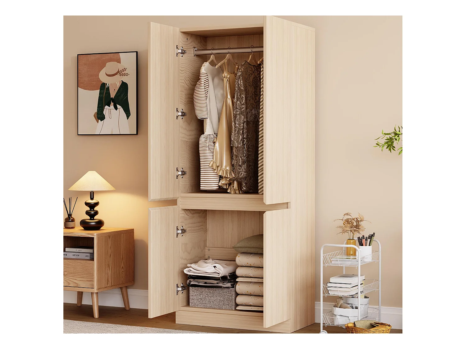 Armadio 70x40x170 cm - 4 ante - con asta per appendere abiti - Naturale