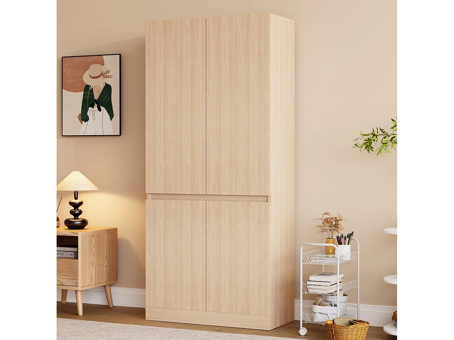 Kleiderschrank 70x40x170 cm - 4 Türen - mit Kleiderstange - Natur