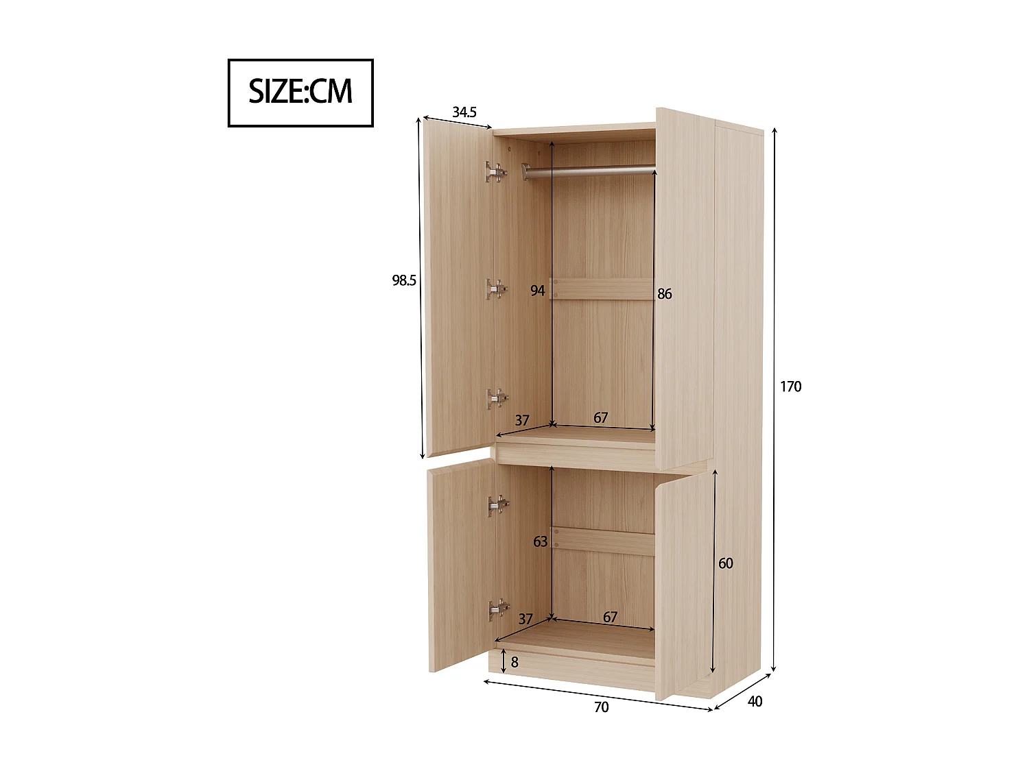 Kleiderschrank 70x40x170 cm - 4 Türen - mit Kleiderstange - Natur