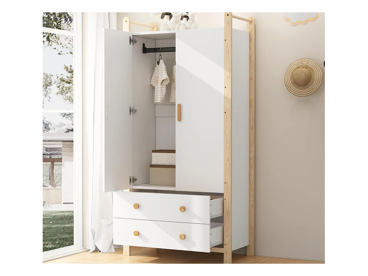 Armoire enfant 89.6x44x180.5 cm - 2 tiroirs et 2 portes - 1 tringle à vêtements - structure en pin - blanc+naturel