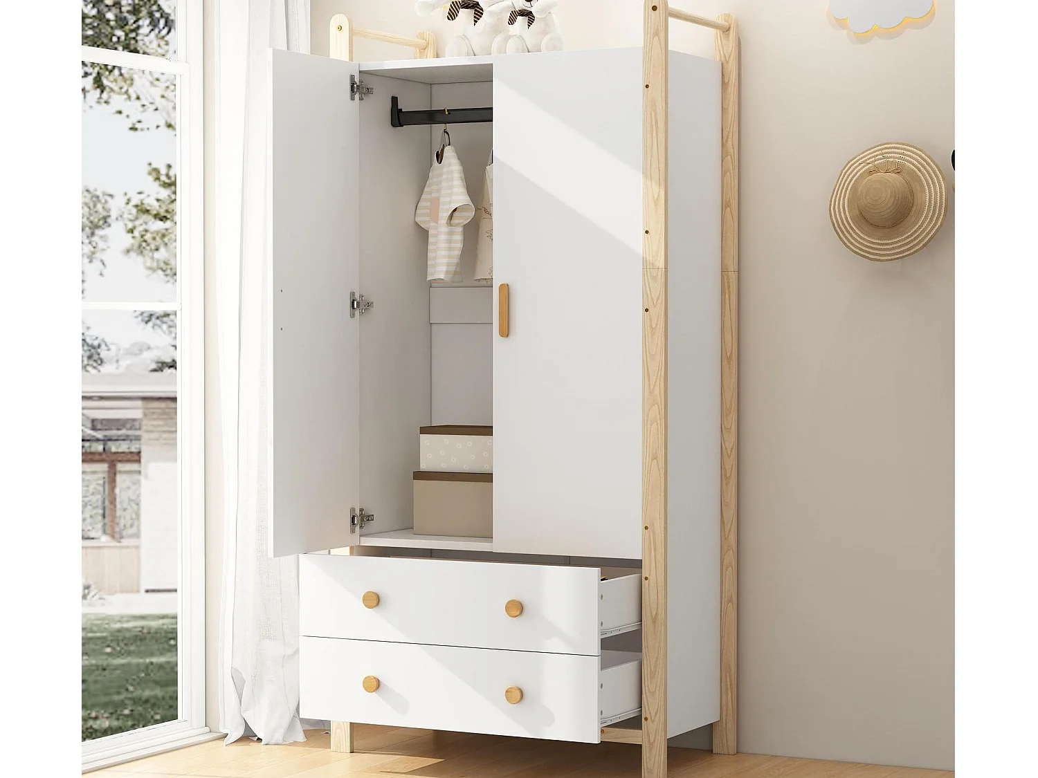 Armoire enfant 89.6x44x180.5 cm - 2 tiroirs et 2 portes - 1 tringle à vêtements - structure en pin - blanc+naturel