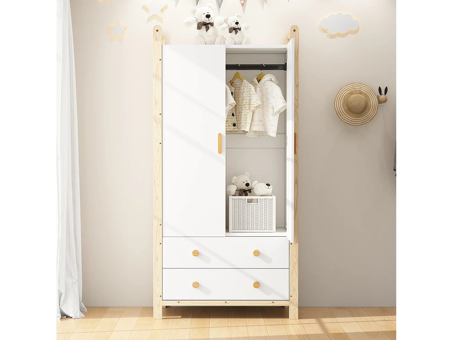 Armoire enfant 89.6x44x180.5 cm - 2 tiroirs et 2 portes - 1 tringle à vêtements - structure en pin - blanc+naturel