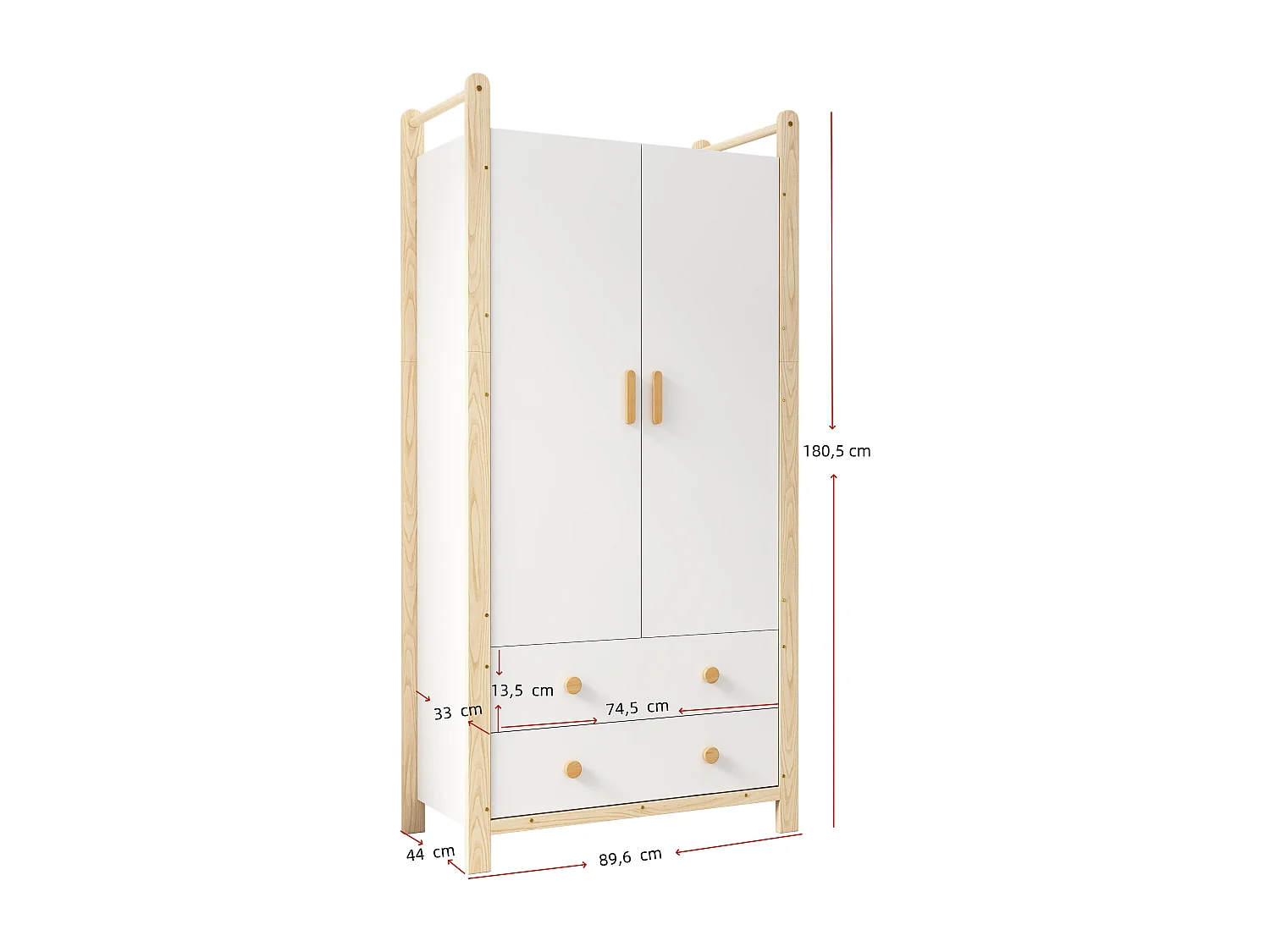 Armoire enfant 89.6x44x180.5 cm - 2 tiroirs et 2 portes - 1 tringle à vêtements - structure en pin - blanc+naturel