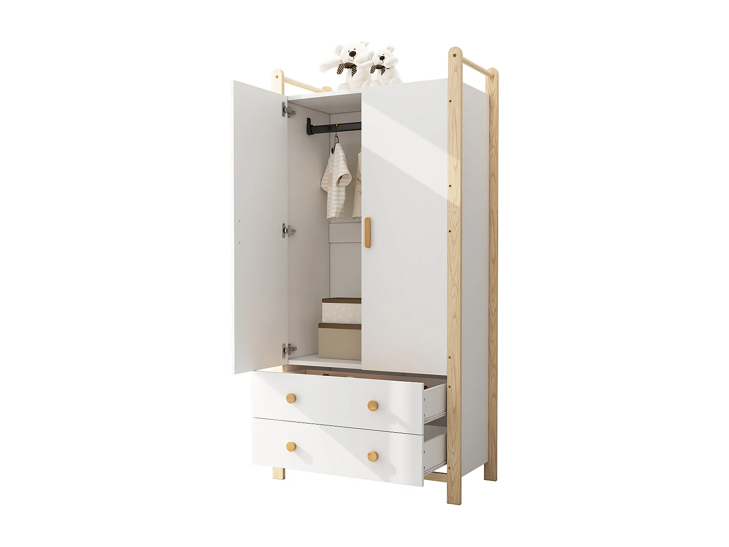 Armoire enfant 89.6x44x180.5 cm - 2 tiroirs et 2 portes - 1 tringle à vêtements - structure en pin - blanc+naturel