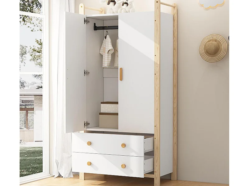 Armoire enfant 89.6x44x180.5 cm - 2 tiroirs et 2 portes - 1 tringle à vêtements - structure en pin - blanc+naturel