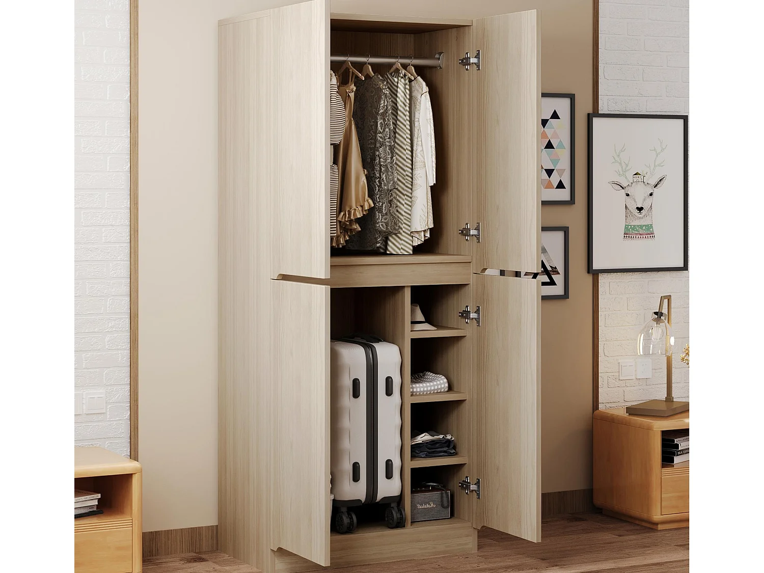 Armoire 70x40x170 cm - avec 4 portes - avec compartiments de rangement - Naturel