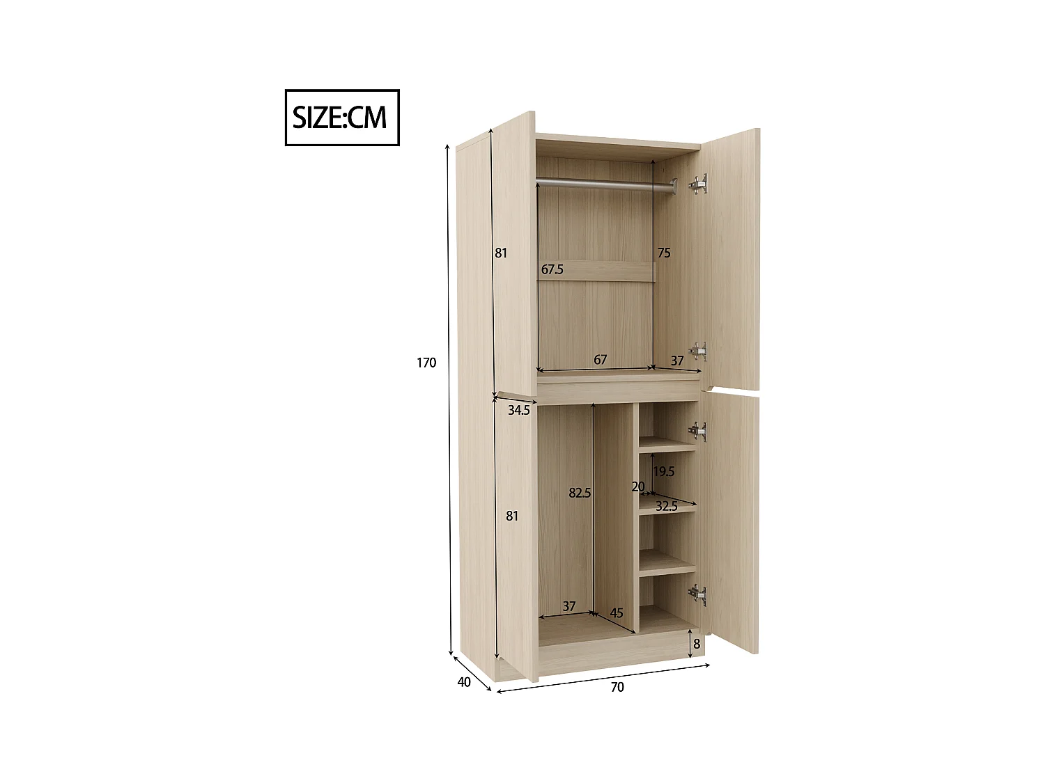 Armoire 70x40x170 cm - avec 4 portes - avec compartiments de rangement - Naturel