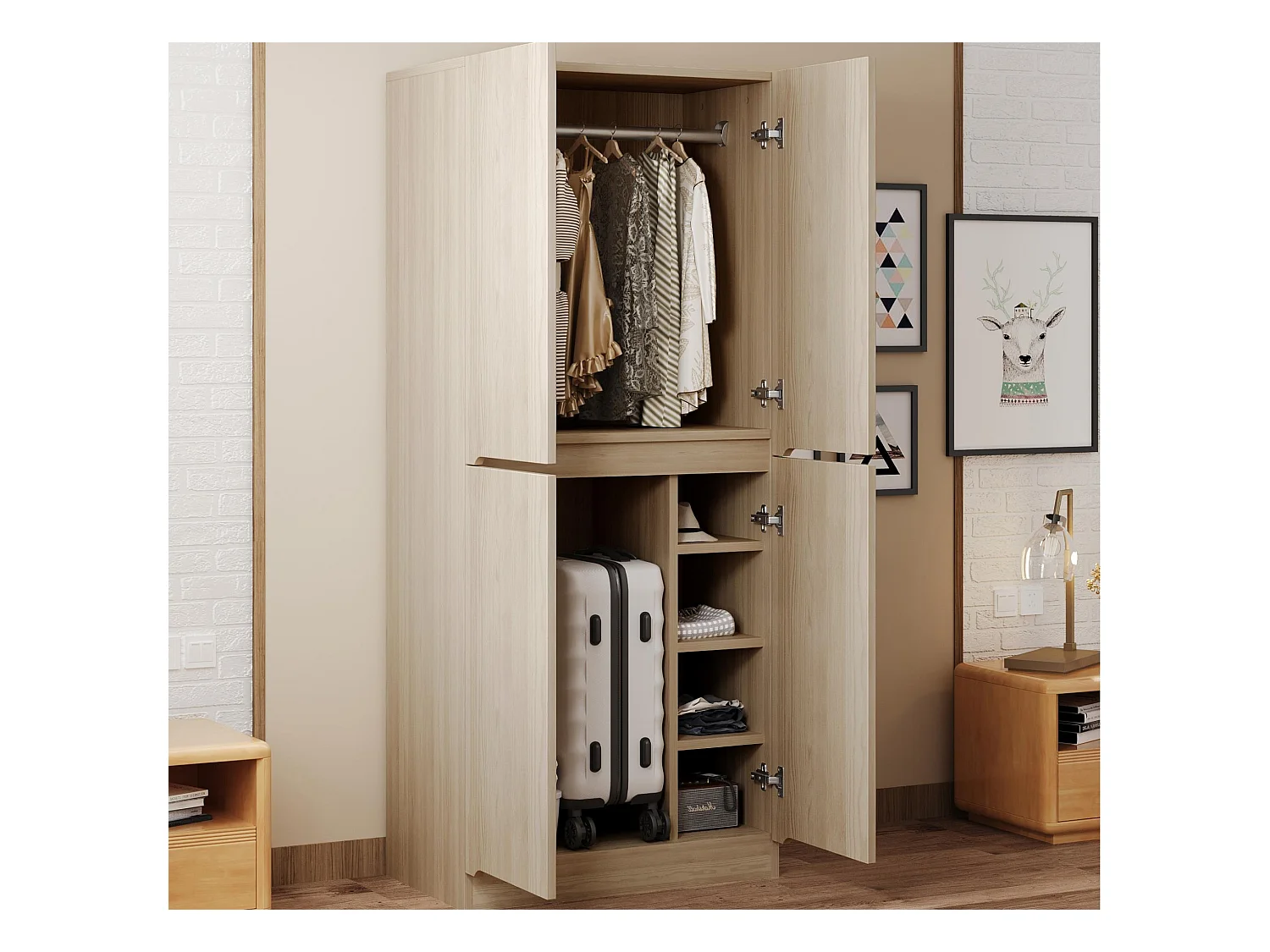 Armoire 70x40x170 cm - avec 4 portes - avec compartiments de rangement - Naturel