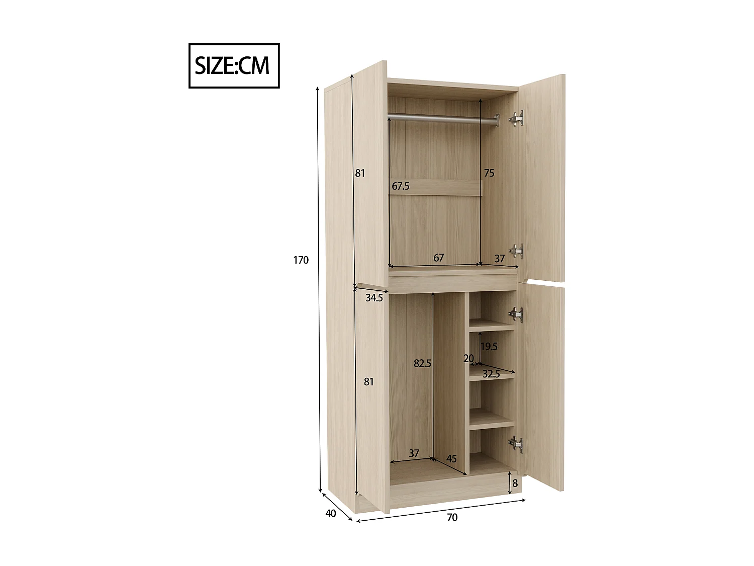 Kleiderschrank 70x40x170 cm - mit 4 Türen - mit Staufächern - Natur