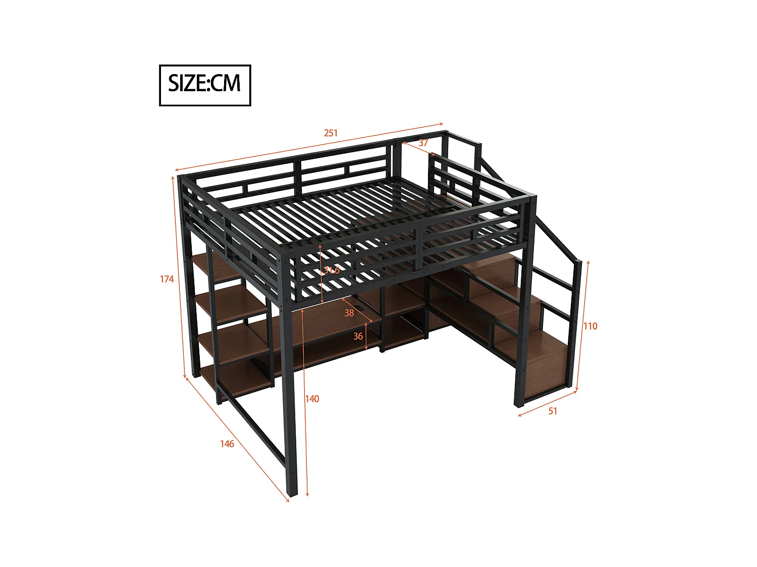 Lit mezzanine 140x200 cm - avec prise de courant - échelle de sécurité - avec support de rangement - ​​Noir (matelas non inclus)