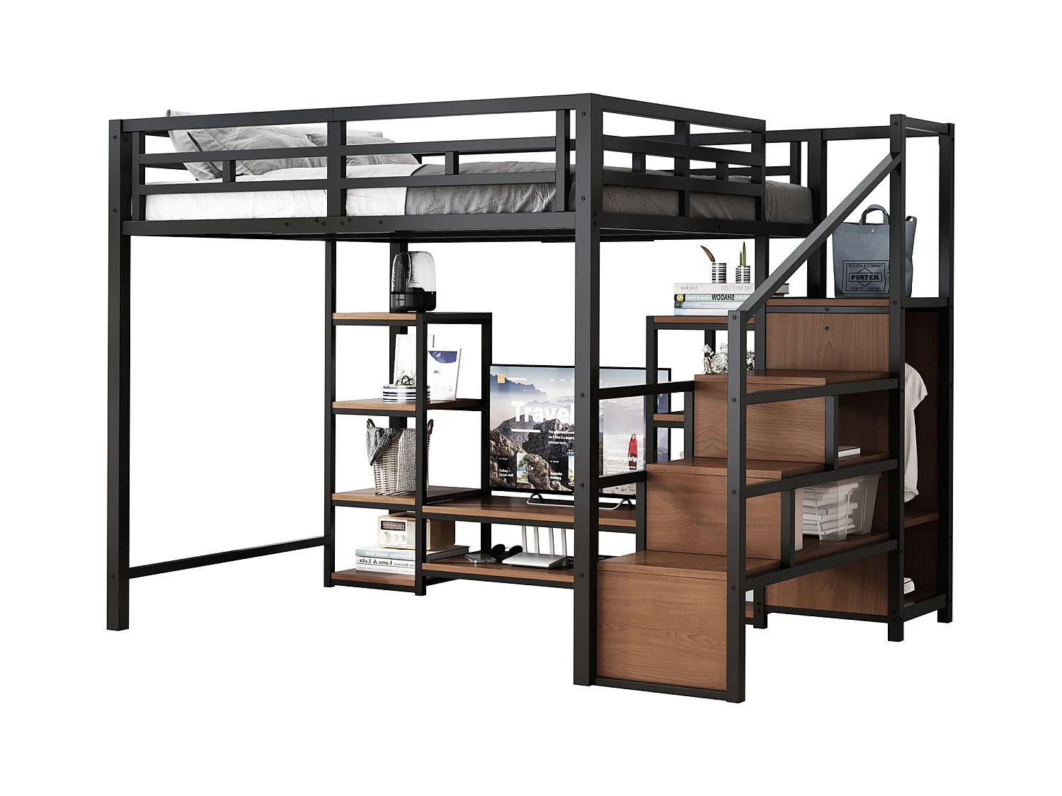 Lit mezzanine 140x200 cm - avec prise de courant - échelle de sécurité - avec support de rangement - ​​Noir (matelas non inclus)