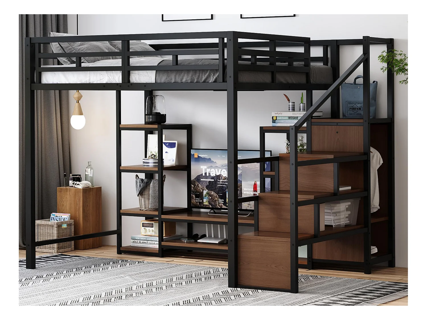 Lit mezzanine 140x200 cm - avec prise de courant - échelle de sécurité - avec support de rangement - ​​Noir (matelas non inclus)