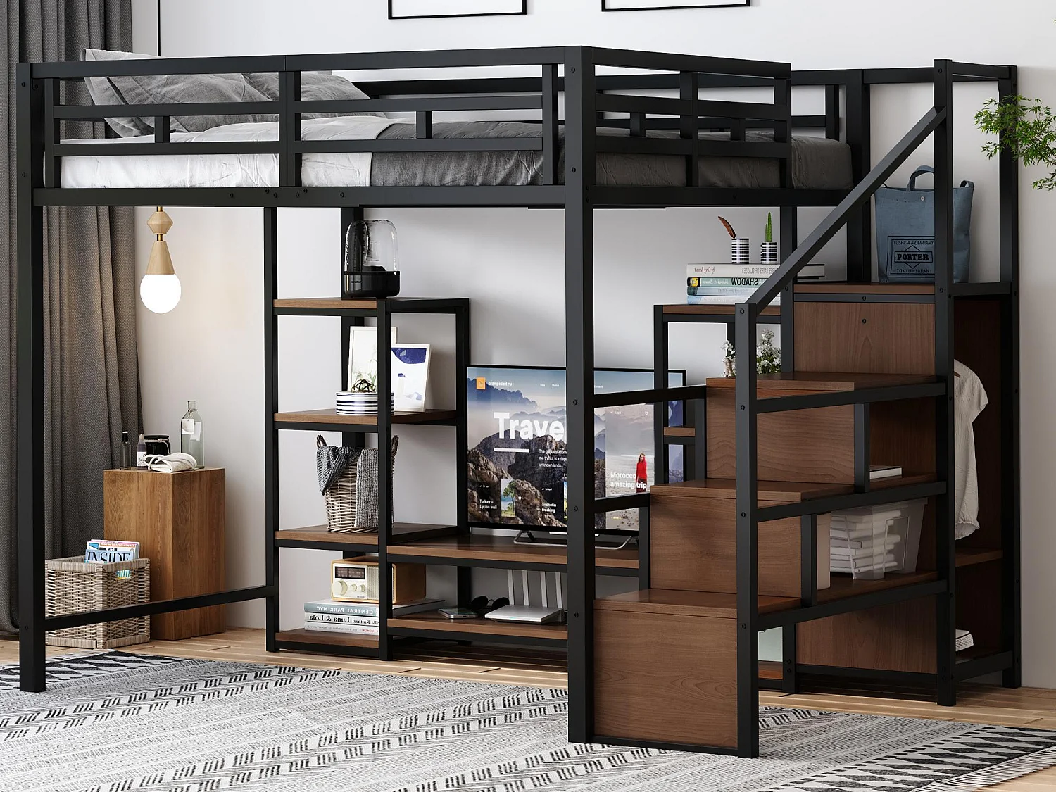 Lit mezzanine 140x200 cm - avec prise de courant - échelle de sécurité - avec support de rangement - ​​Noir (matelas non inclus)