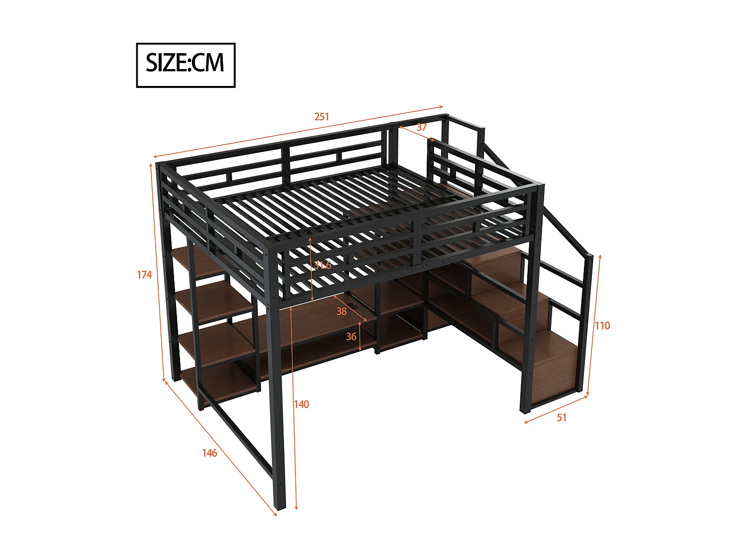 Lit mezzanine 140x200 cm - avec prise de courant - échelle de sécurité - avec support de rangement - ​​Noir (matelas non inclus)