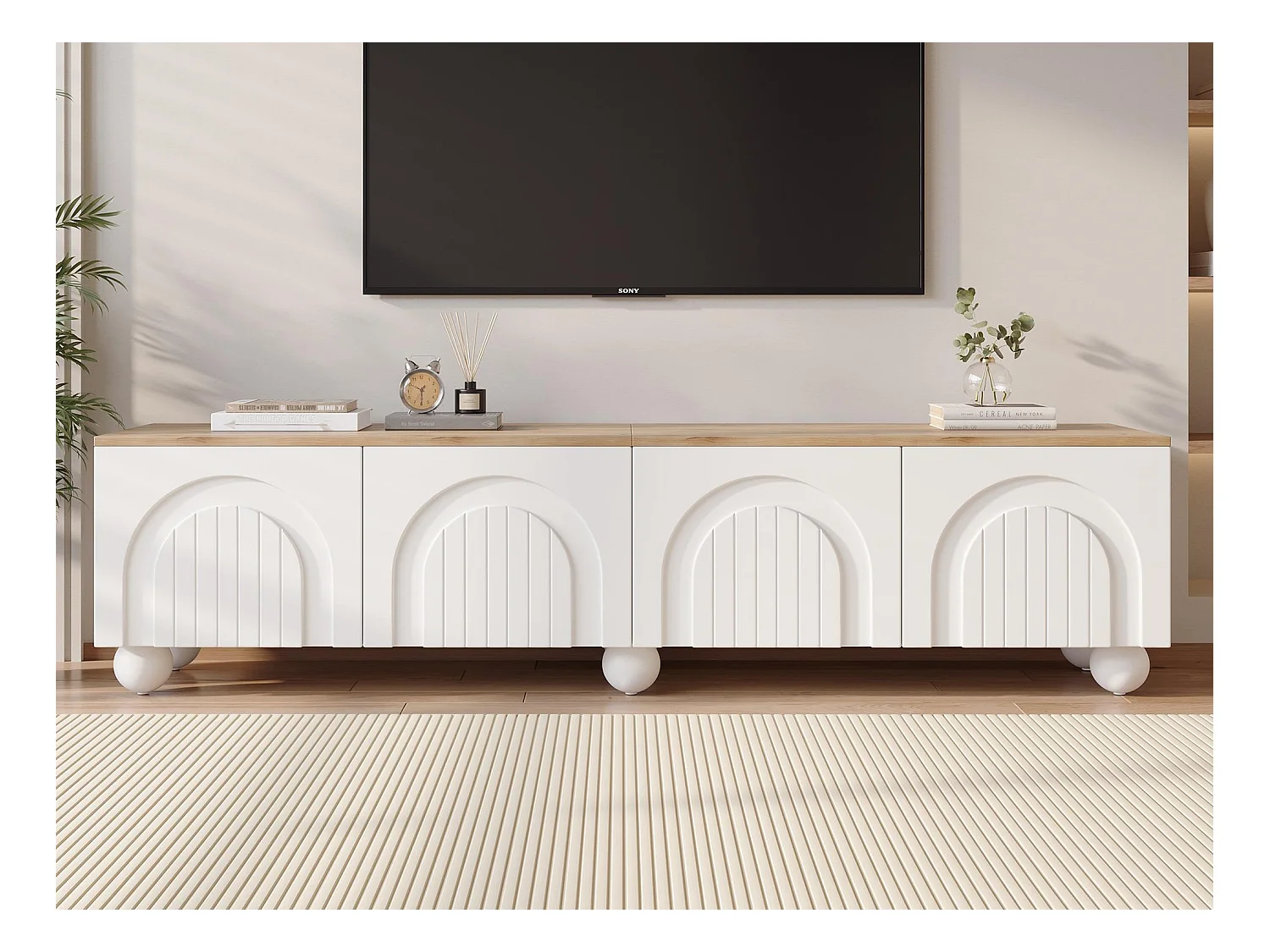 Meuble TV 180x40x45 cm - 4 portes - design moderne - MDF - Blanc + Naturel