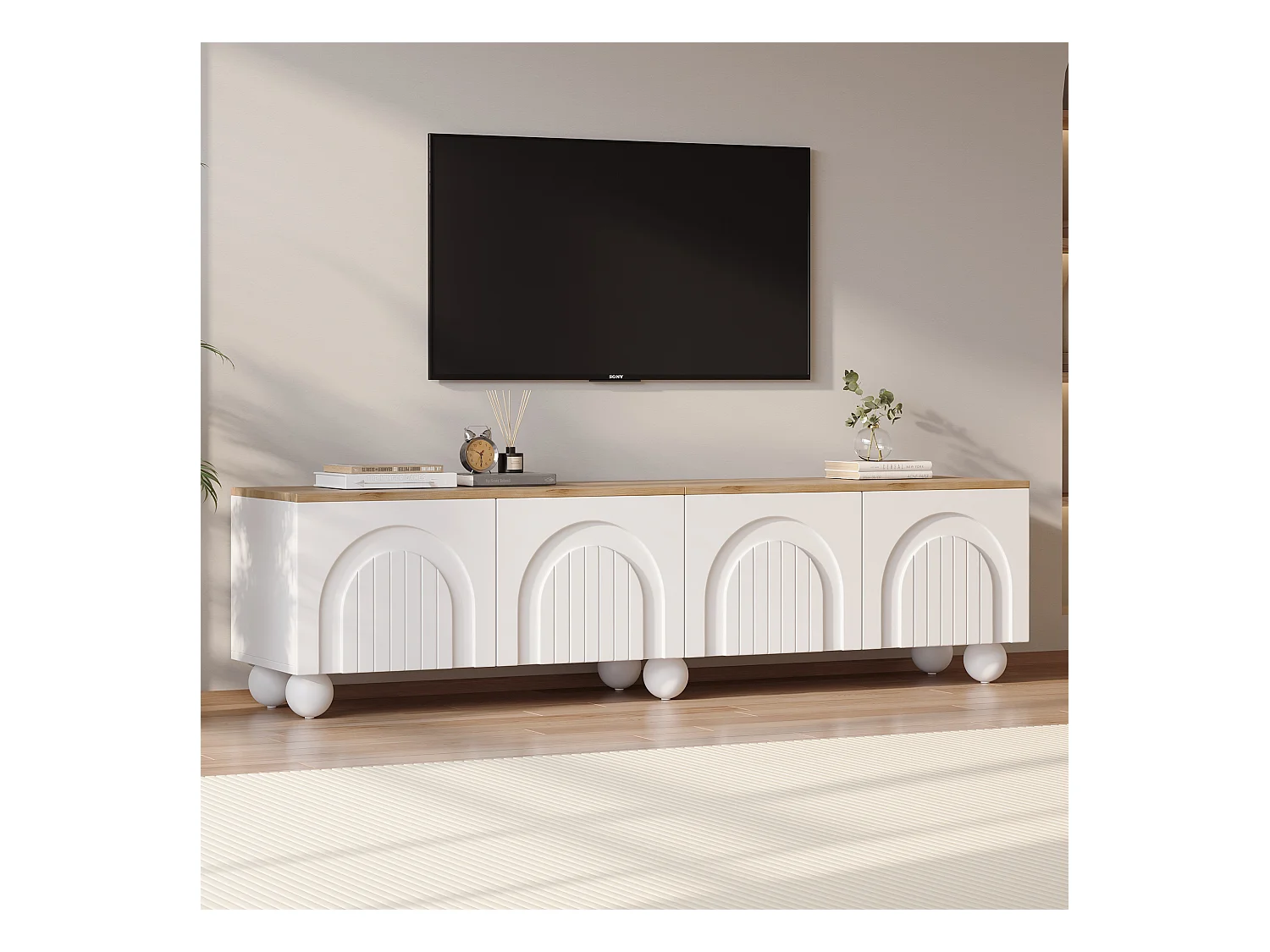 Meuble TV 180x40x45 cm - 4 portes - design moderne - MDF - Blanc + Naturel