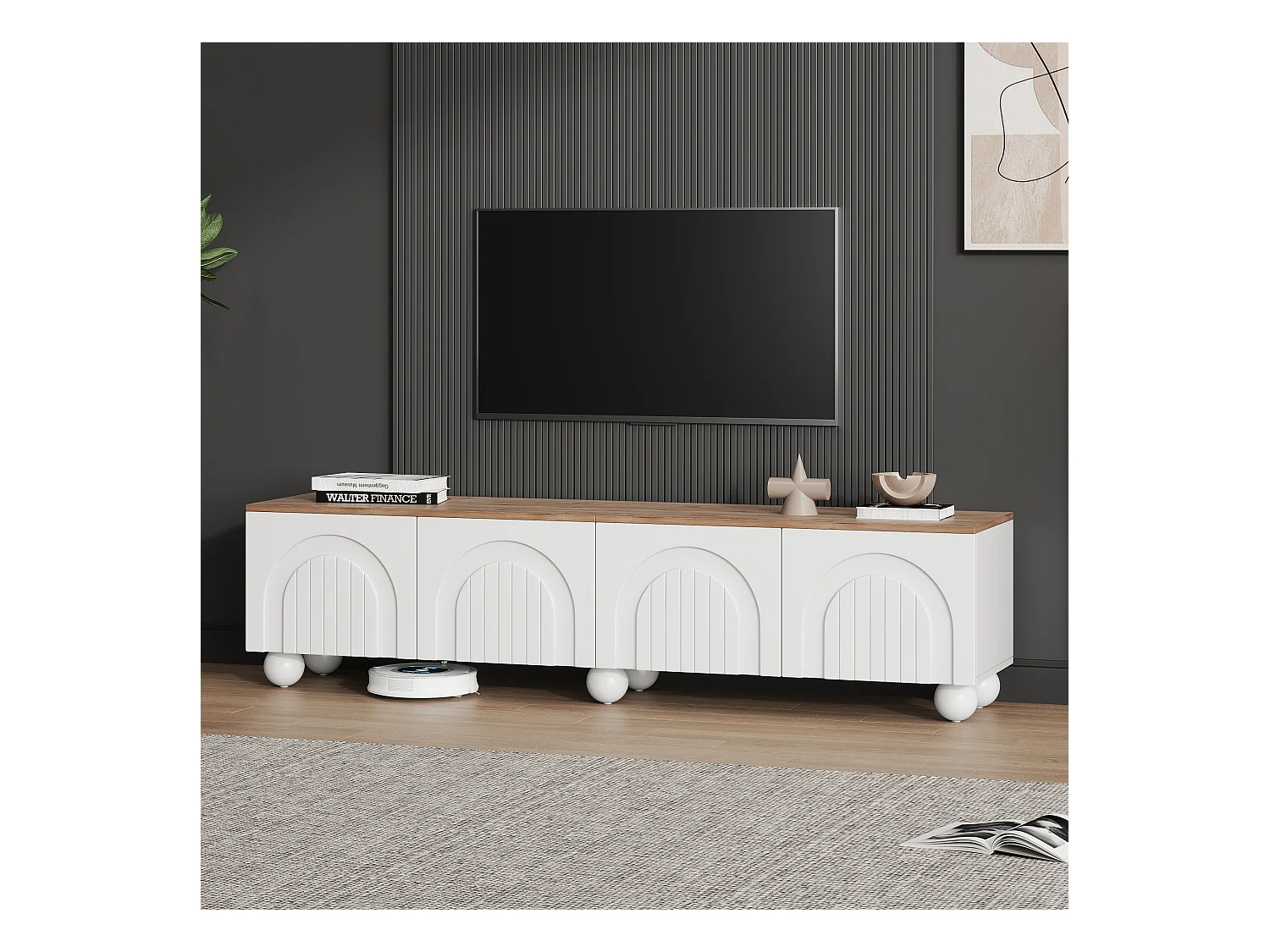 Meuble TV 180x40x45 cm - 4 portes - design moderne - MDF - Blanc + Naturel
