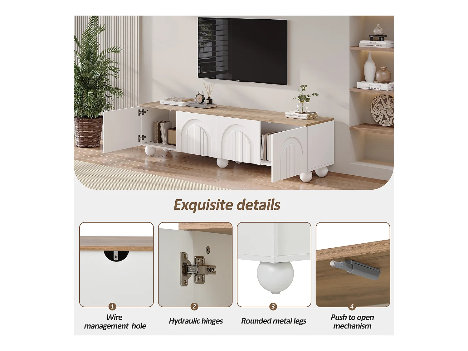 Meuble TV 180x40x45 cm - 4 portes - design moderne - MDF - Blanc + Naturel