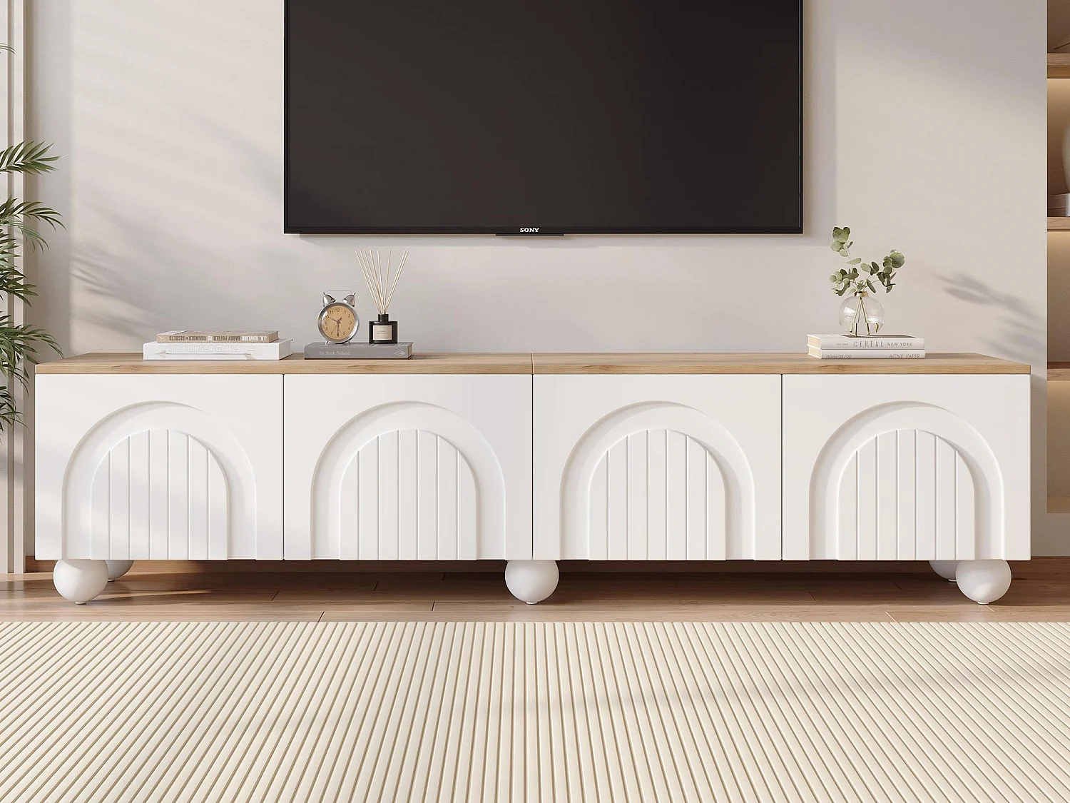 Meuble TV 180x40x45 cm - 4 portes - design moderne - MDF - Blanc + Naturel