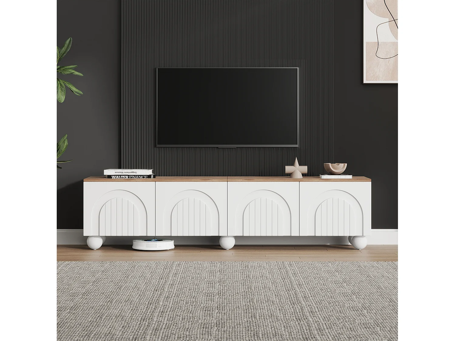 Meuble TV 180x40x45 cm - 4 portes - design moderne - MDF - Blanc + Naturel