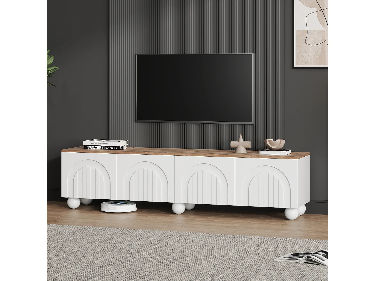 Meuble TV 180x40x45 cm - 4 portes - design moderne - MDF - Blanc + Naturel