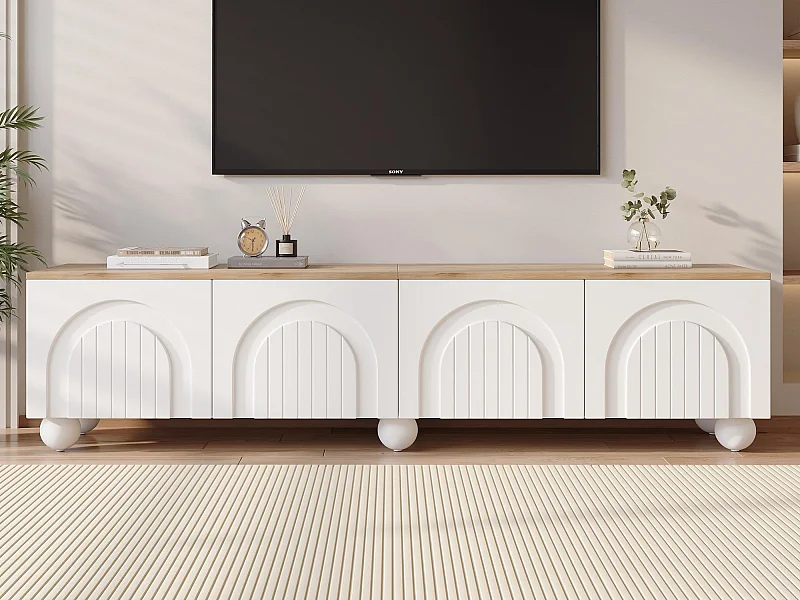 Meuble TV 180x40x45 cm - 4 portes - design moderne - MDF - Blanc + Naturel