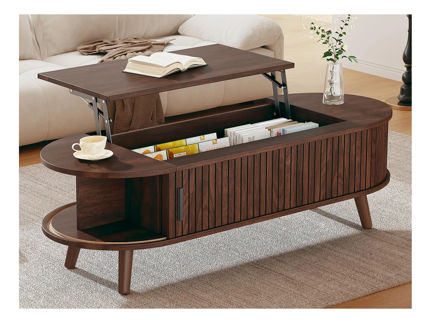 In hoogte verstelbare salontafel 120x50x39,5 cm - 2 deuren - Verborgen opbergruimte - Poten van massief hout - Bruin
