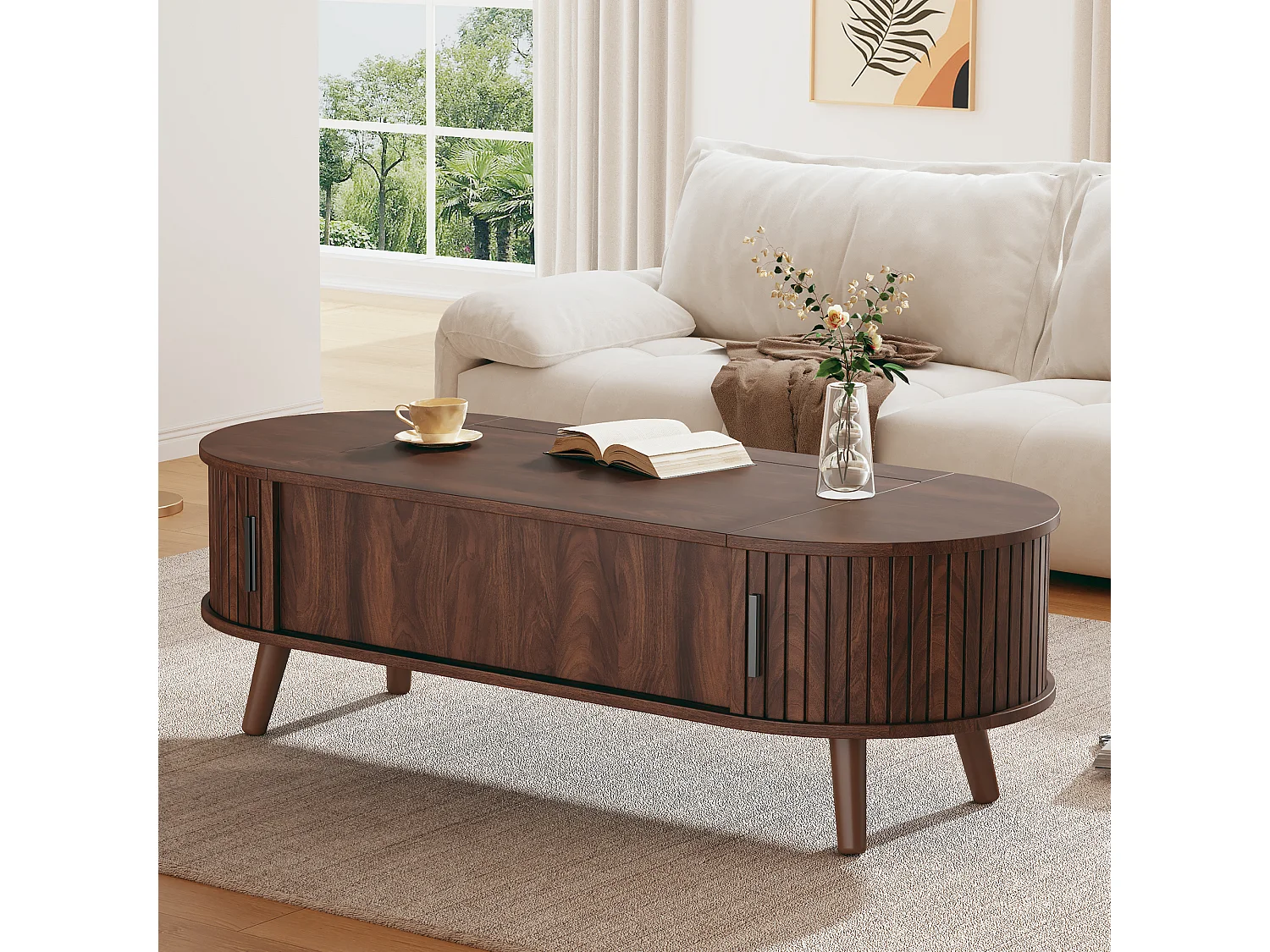 Höhenverstellbarer Beistelltisch 120x50x39,5 cm - 2 Türen - Versteckte Stauräume - Füße aus Massivholz - Braun