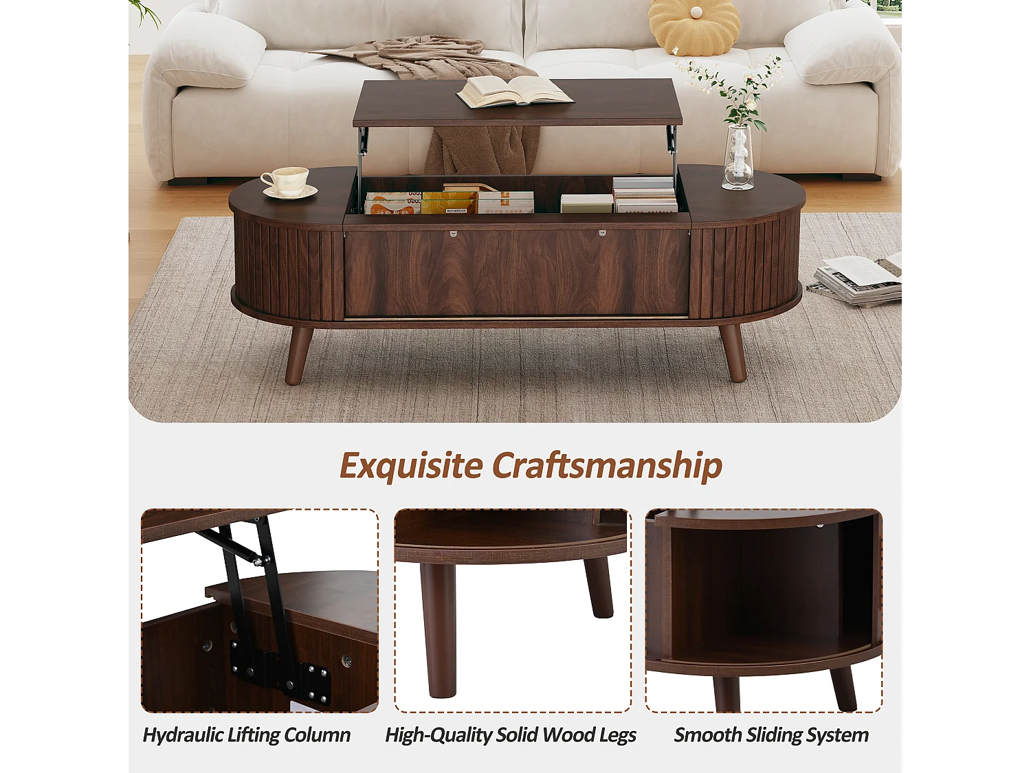 Höhenverstellbarer Beistelltisch 120x50x39,5 cm - 2 Türen - Versteckte Stauräume - Füße aus Massivholz - Braun