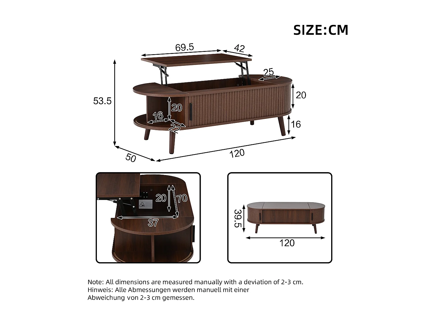 Höhenverstellbarer Beistelltisch 120x50x39,5 cm - 2 Türen - Versteckte Stauräume - Füße aus Massivholz - Braun