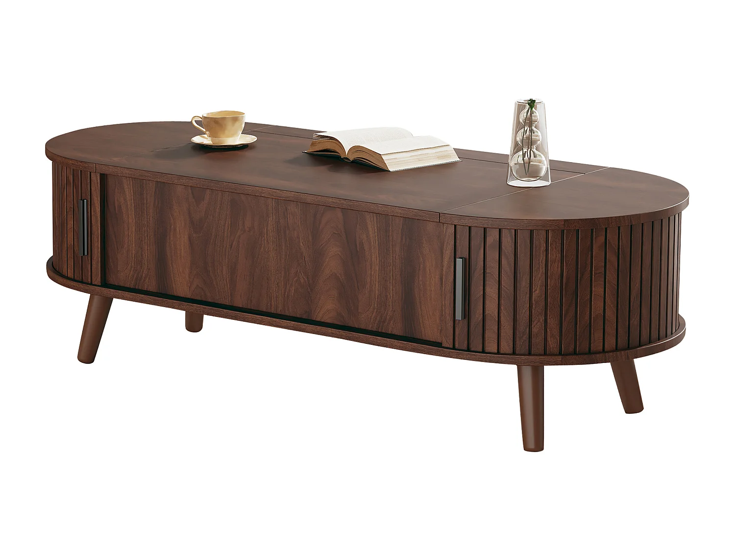 Höhenverstellbarer Beistelltisch 120x50x39,5 cm - 2 Türen - Versteckte Stauräume - Füße aus Massivholz - Braun