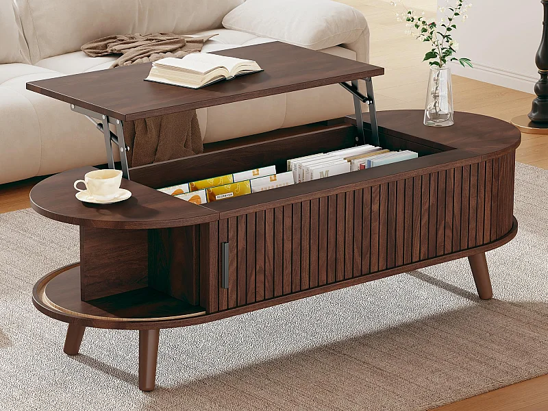 Höhenverstellbarer Beistelltisch 120x50x39,5 cm - 2 Türen - Versteckte Stauräume - Füße aus Massivholz - Braun