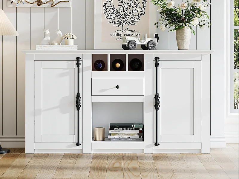 Buffet 130x35x70 cm - 2 ante e 1 cassetto - con portabottiglie - Spazio di archiviazione semiaperto - design retrò - Bianco