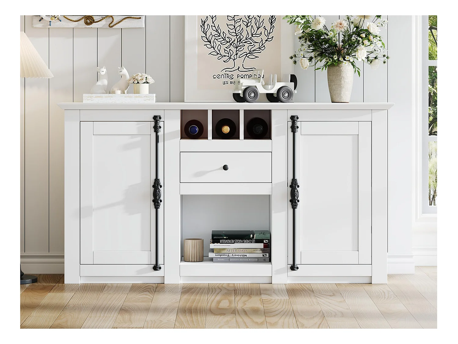 Buffet 130x35x70cm - 2 portes et 1 tiroir - avec casier à vin - Espace de rangement semi-ouvert - design rétro- Blanc