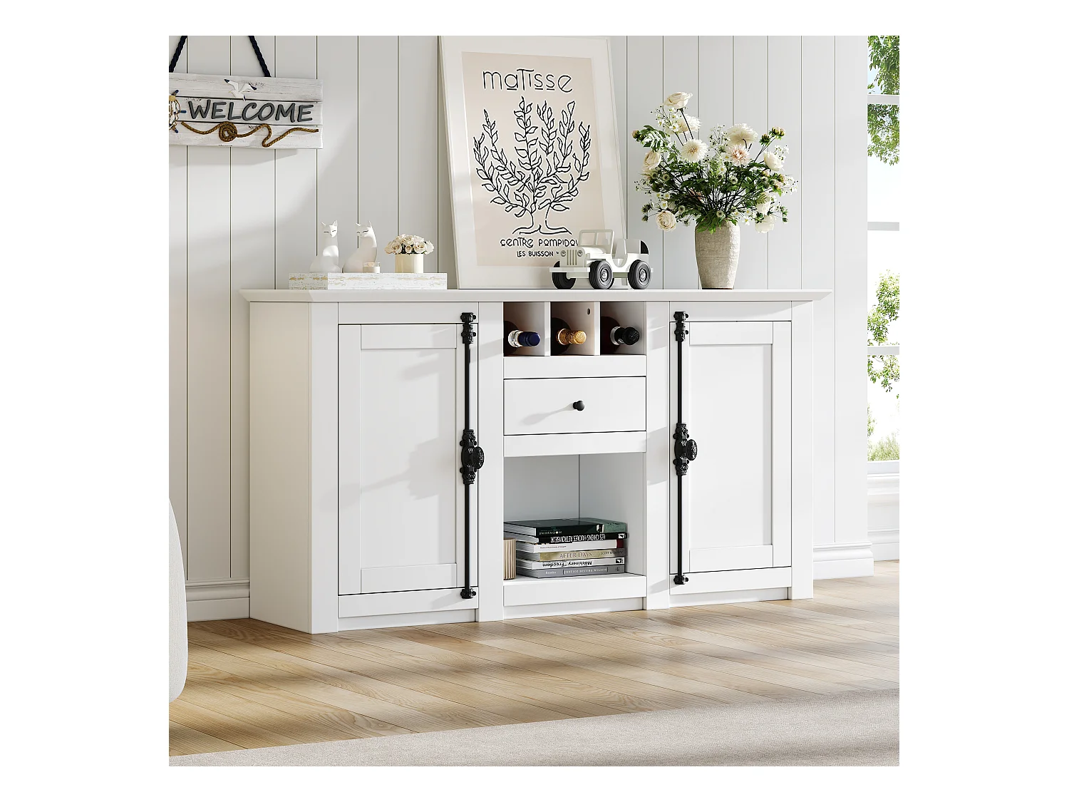 Buffet 130x35x70cm - 2 portes et 1 tiroir - avec casier à vin - Espace de rangement semi-ouvert - design rétro- Blanc