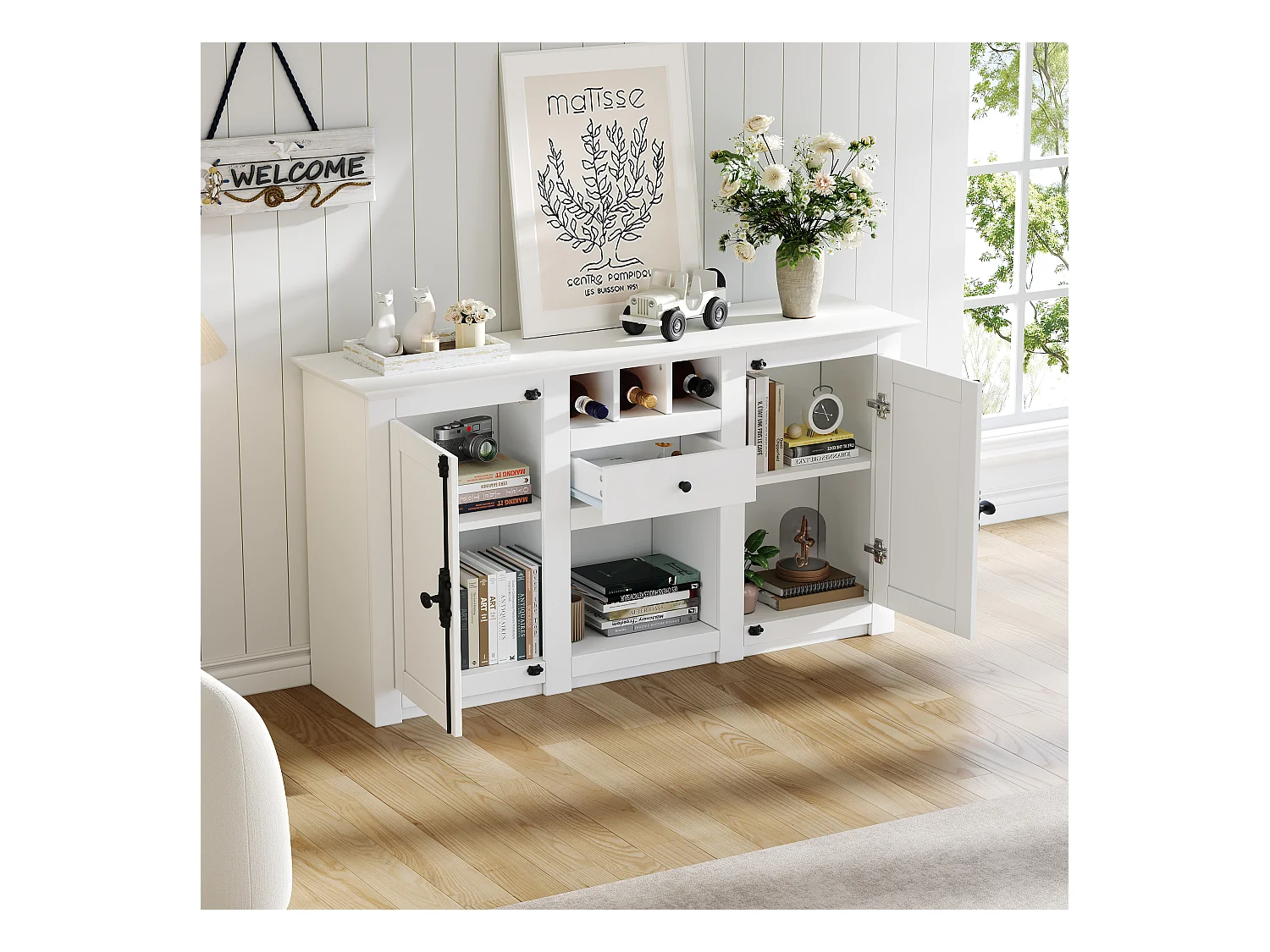 Buffet 130x35x70cm - 2 portes et 1 tiroir - avec casier à vin - Espace de rangement semi-ouvert - design rétro- Blanc