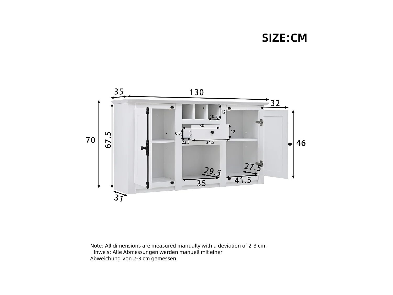 Buffet 130x35x70cm - 2 portes et 1 tiroir - avec casier à vin - Espace de rangement semi-ouvert - design rétro- Blanc