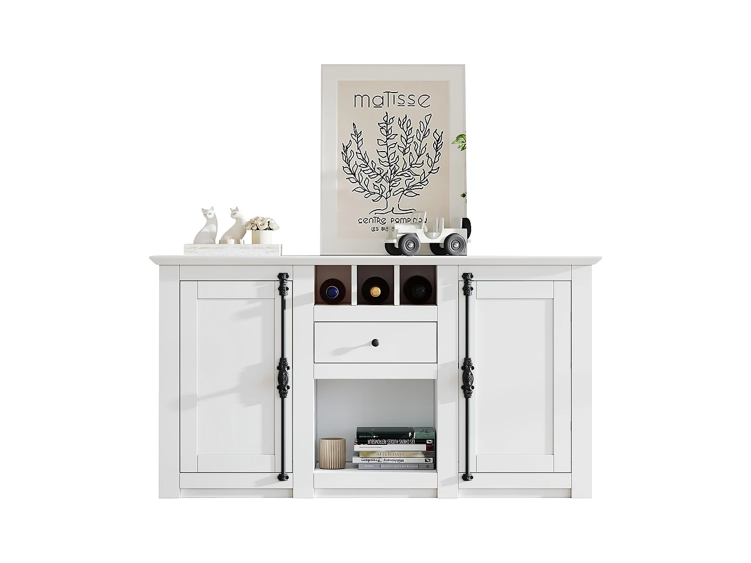 Buffet 130x35x70cm - 2 portes et 1 tiroir - avec casier à vin - Espace de rangement semi-ouvert - design rétro- Blanc