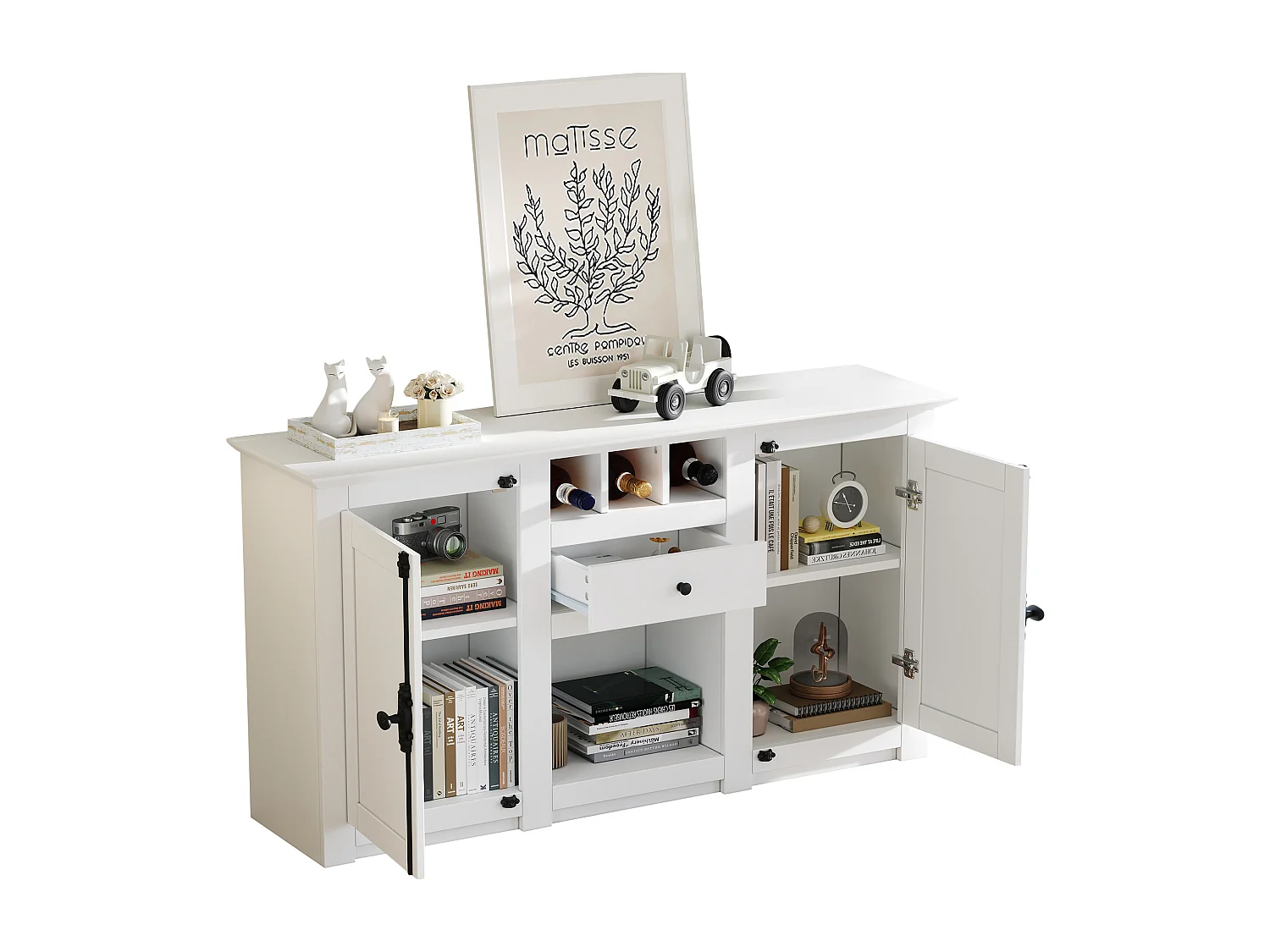 Buffet 130x35x70cm - 2 portes et 1 tiroir - avec casier à vin - Espace de rangement semi-ouvert - design rétro- Blanc
