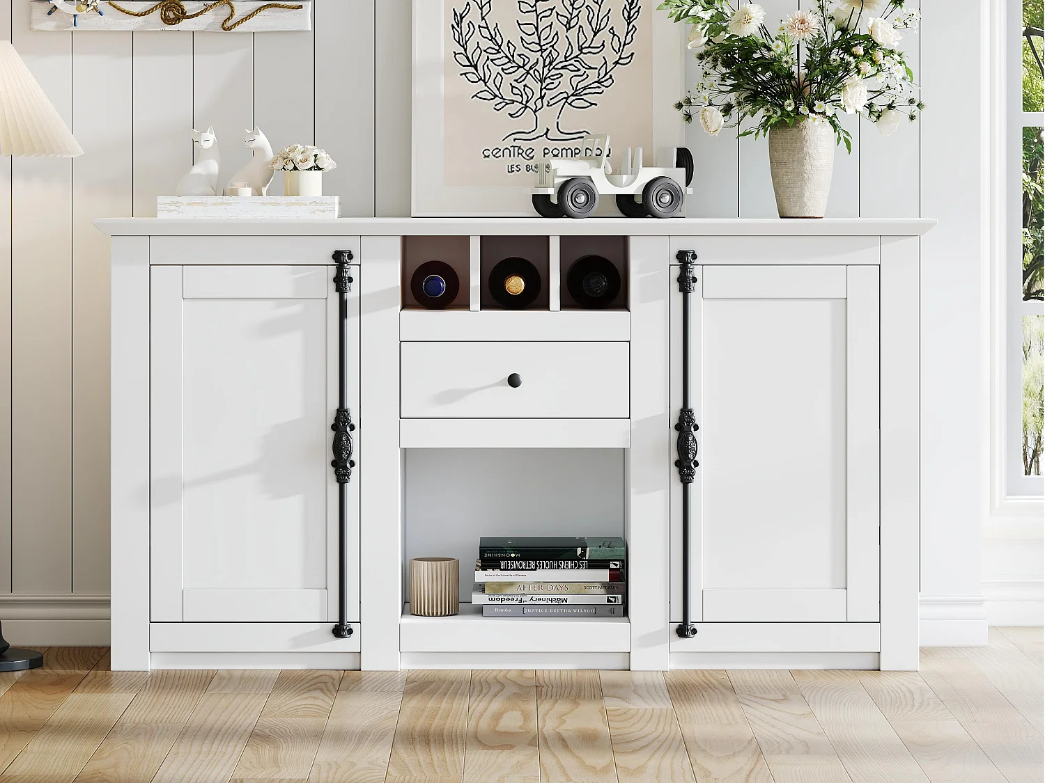 Buffet 130x35x70cm - 2 portes et 1 tiroir - avec casier à vin - Espace de rangement semi-ouvert - design rétro- Blanc