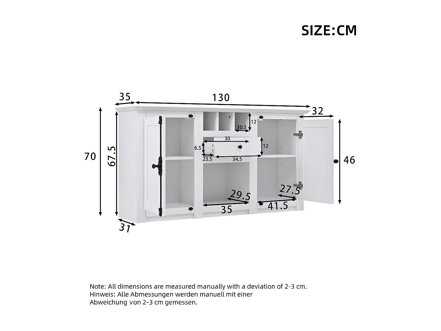 Buffet 130x35x70cm - 2 portes et 1 tiroir - avec casier à vin - Espace de rangement semi-ouvert - design rétro- Blanc