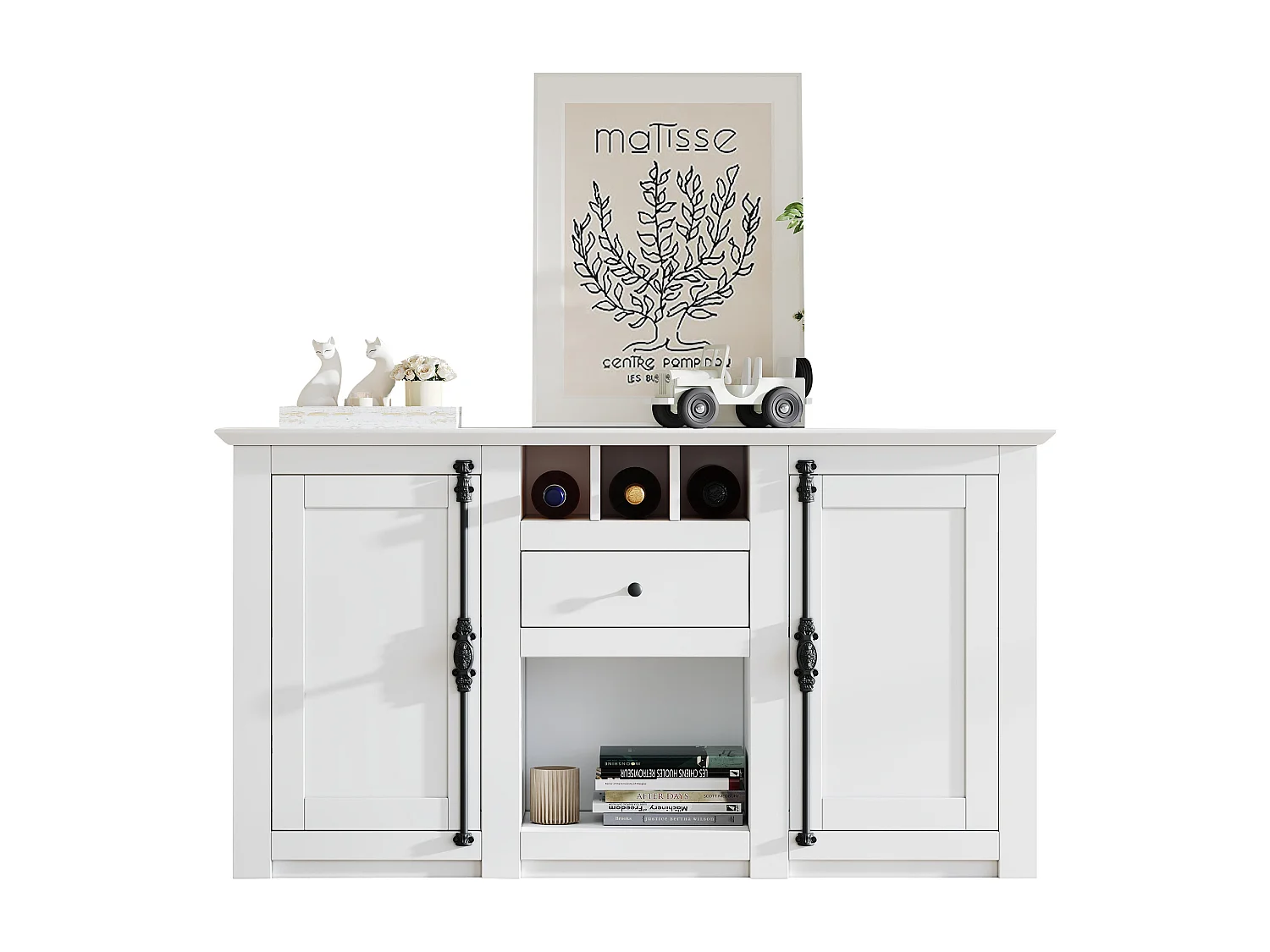 Buffet 130x35x70cm - 2 portes et 1 tiroir - avec casier à vin - Espace de rangement semi-ouvert - design rétro- Blanc